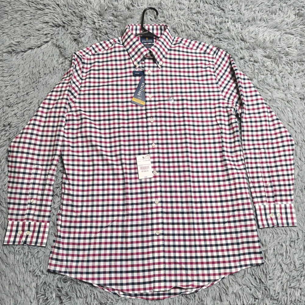 Stafford Travel Wrinkle Free Oxford Shirt Mens 17 34-35 Raspberry Bold Gingham